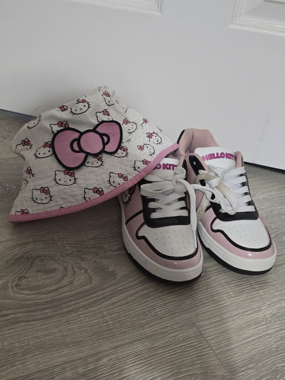 Hello Kitty White Pink Black Lace-Up Sneakers And Bucket Hat Bundle